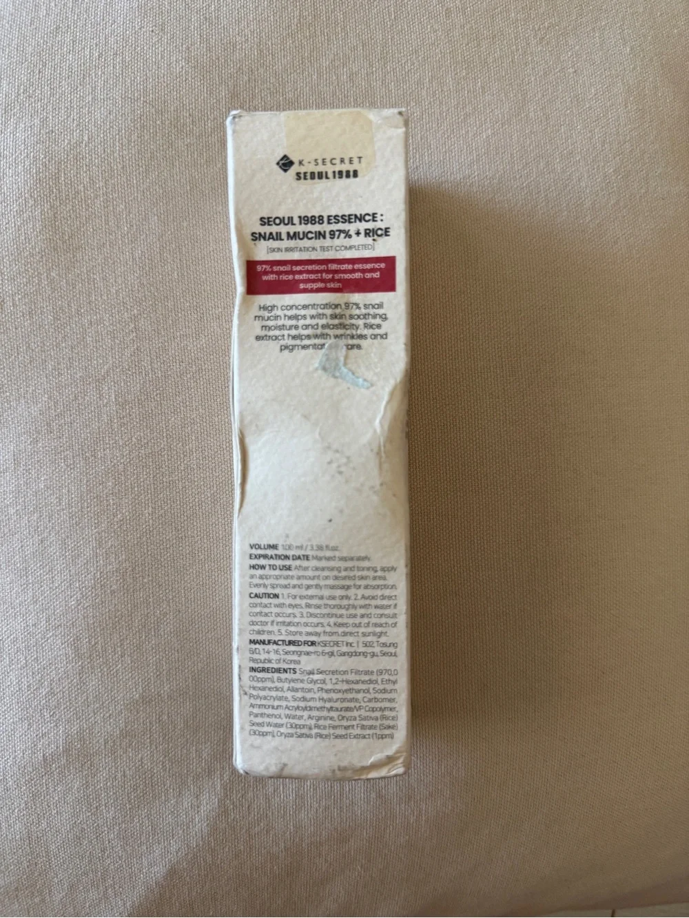 K-Secret Seoul 1988 Essence Snail Mucin 97% + Rice 100ml/3.38 fl oz NIB